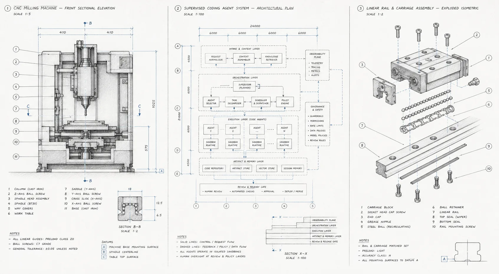Hand-drawn sectional elevation of a compact CNC milling machine with dimensions and numbered parts